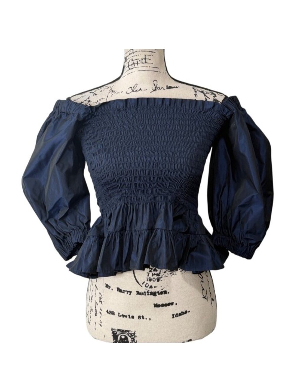 Molly Goddard Women Size 2 Top Mackenize Taffeta Smocked Navy Puff-Sleeve Ruffle